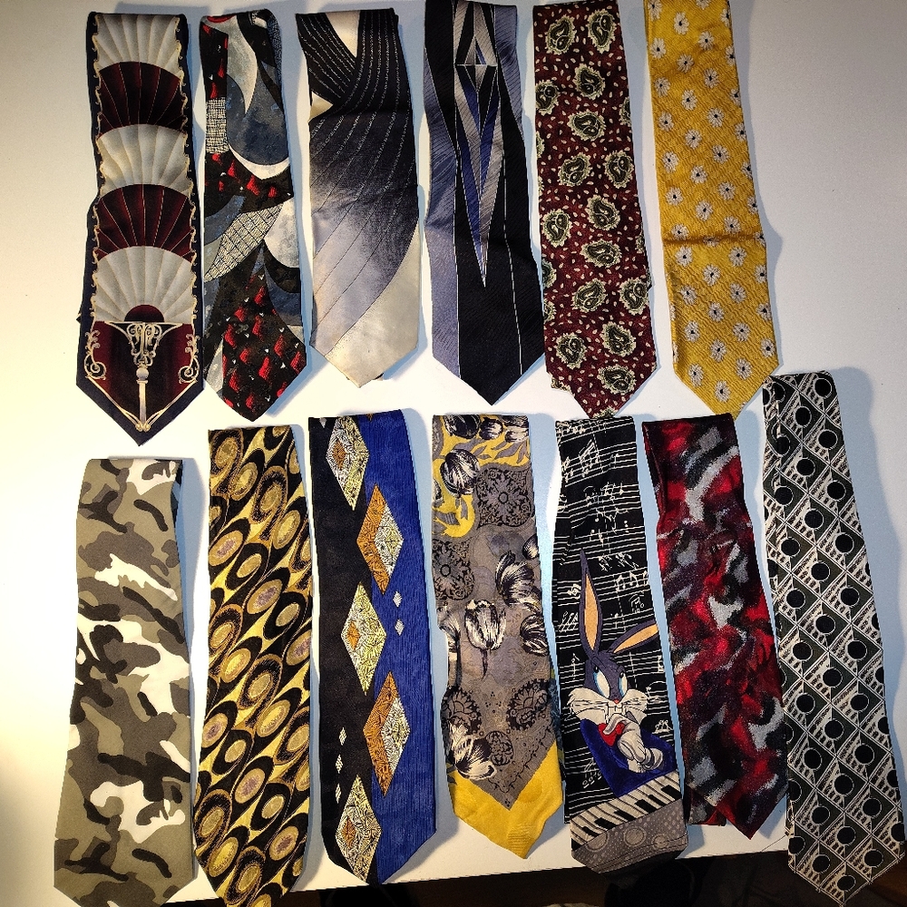 13 Assorted Men's Patterned Neckties - Yellow, Blue, Red, Black, Gray